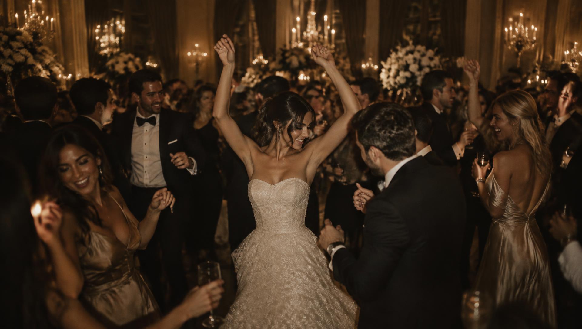 Bride dancing with guests on a packed reception dance floor